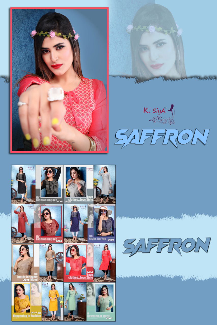 K Siya Saffron Rayon latest fancy Regular Casual Wear Designer Kurtis Collection
